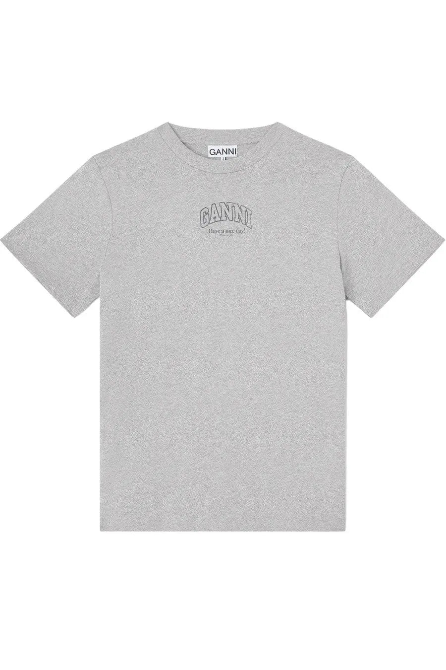 Ganni women’s grey heathered cotton t-shirt with subtle arched ganni logo embroidered across the chest