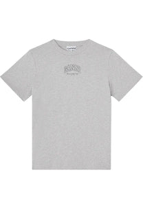 Ganni women’s grey heathered cotton t-shirt with subtle arched ganni logo embroidered across the chest