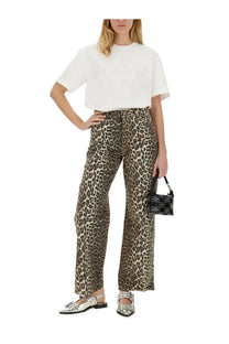 Leopard print high waisted wide leg jeans paired with ganni women’s white shirt heart front view