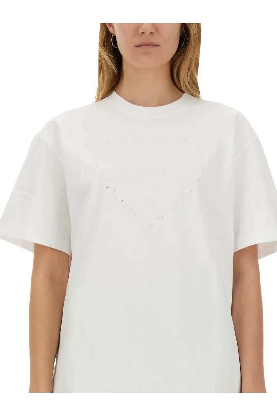 Ganni women’s white oversized shirt with subtle v-shaped dark dot embellishment across the chest