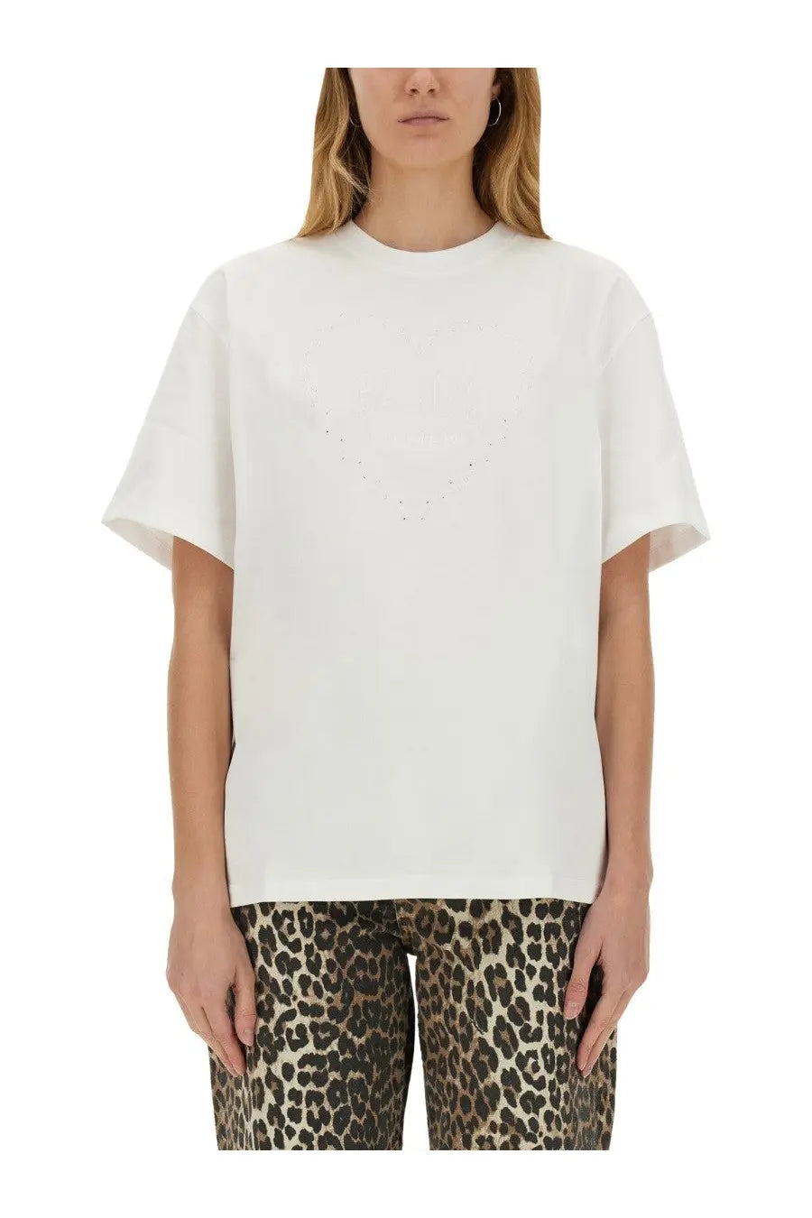Ganni women’s white oversized t-shirt with subtle v-shaped stud embellishment across the chest