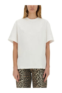 Ganni women’s white oversized t-shirt with subtle v-shaped stud embellishment across the chest
