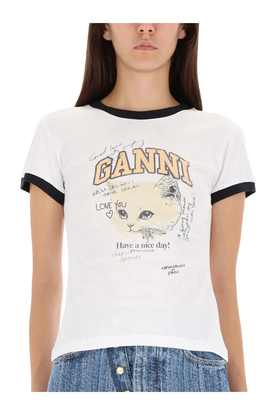 Ganni women’s white ringer tee with black trim and printed cat graphic featuring orange brand name lettering