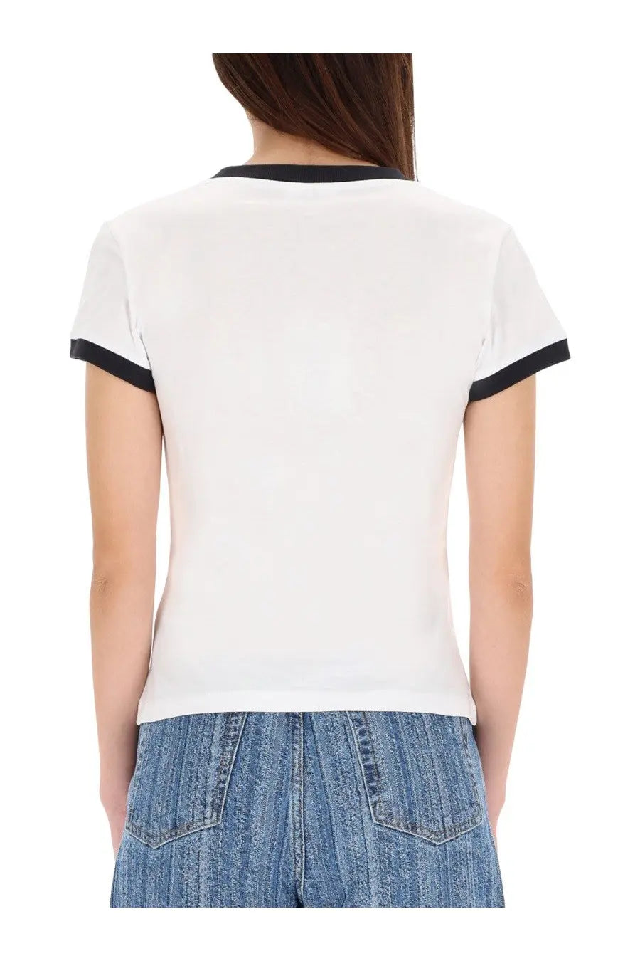 White ringer tee with black trim on neckline and sleeve cuffs from ganni womens shirt kitty white collection