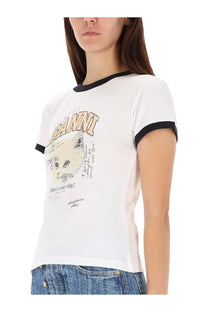 Ganni women’s shirt kitty white t-shirt with black ringer trim and cat graphic surrounded by handwritten text