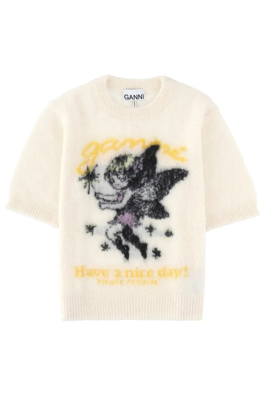 Cream-colored ganni women’s shirt in maglia white with black and yellow fairy graphic and have a nice day embroidery