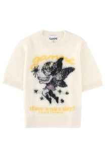 Cream-colored ganni women’s shirt in maglia white with black and yellow fairy graphic and have a nice day embroidery