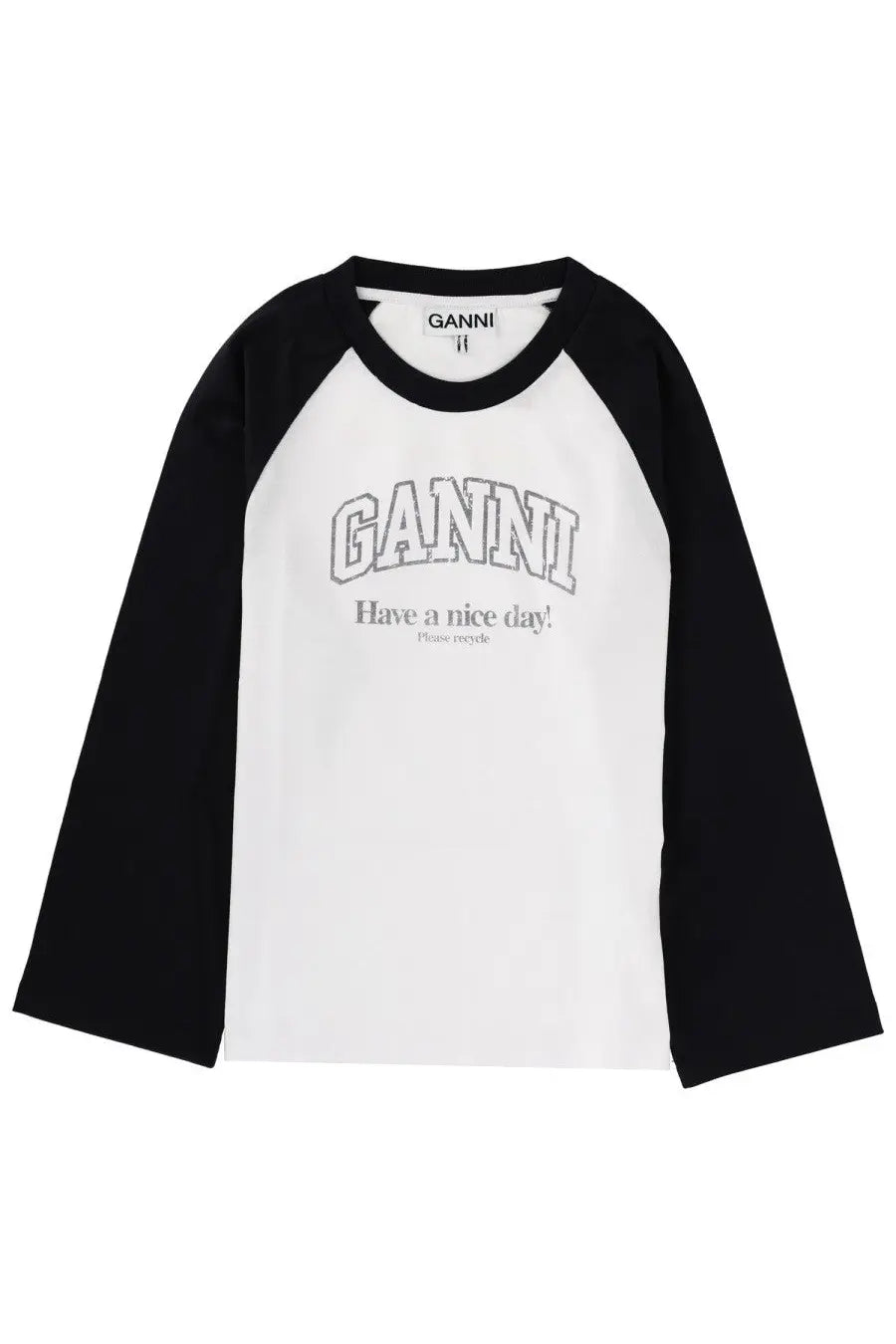 Ganni women’s white and black long-sleeved raglan tee with silver ganni branding across the chest