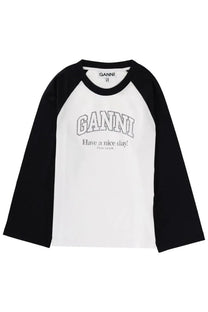 Ganni women’s white and black long-sleeved raglan tee with silver ganni branding across the chest