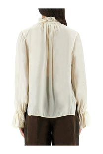 Ganni women’s cream-colored blouse with ruffled neckline and elasticated cuffs in lightweight fabric