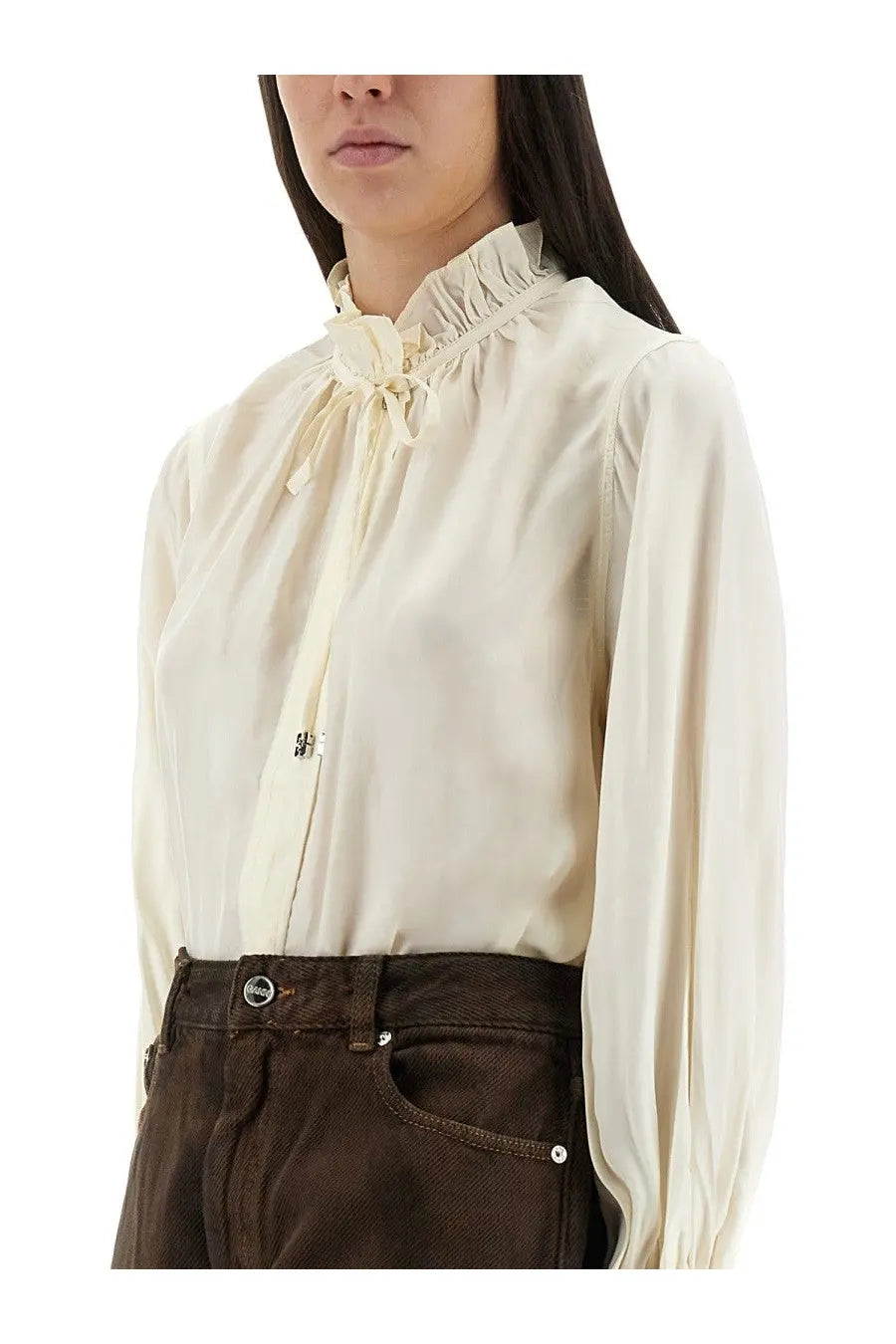 Ganni women’s cream satin blouse with ruffled collar and tied bow at the neckline white shirt