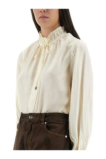 Ganni women’s cream satin blouse with ruffled collar and tied bow at the neckline white shirt