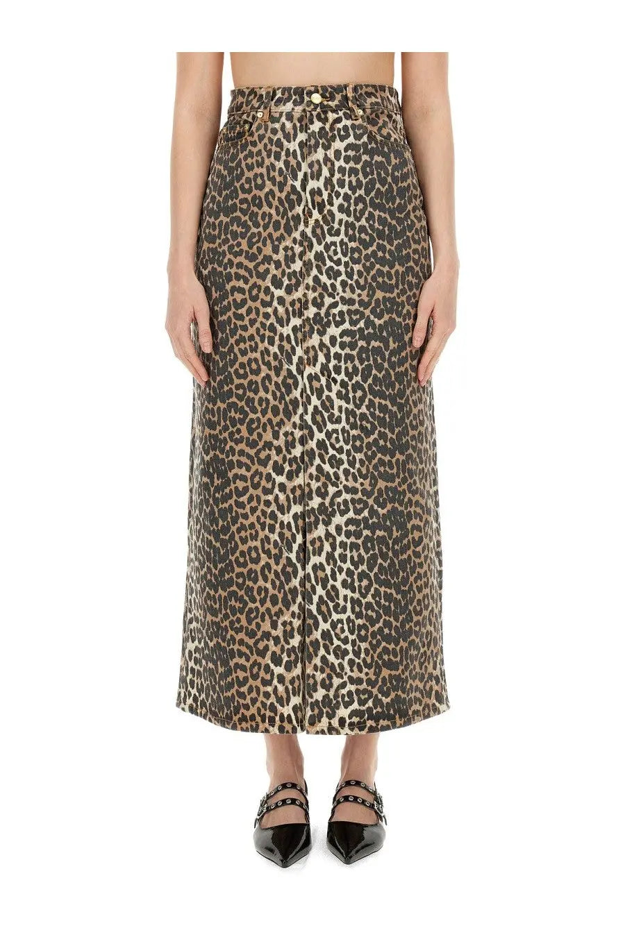 Ganni women’s high-waisted midi skirt with bold leopard print in denim fabric featuring gold-tone waistband hardware
