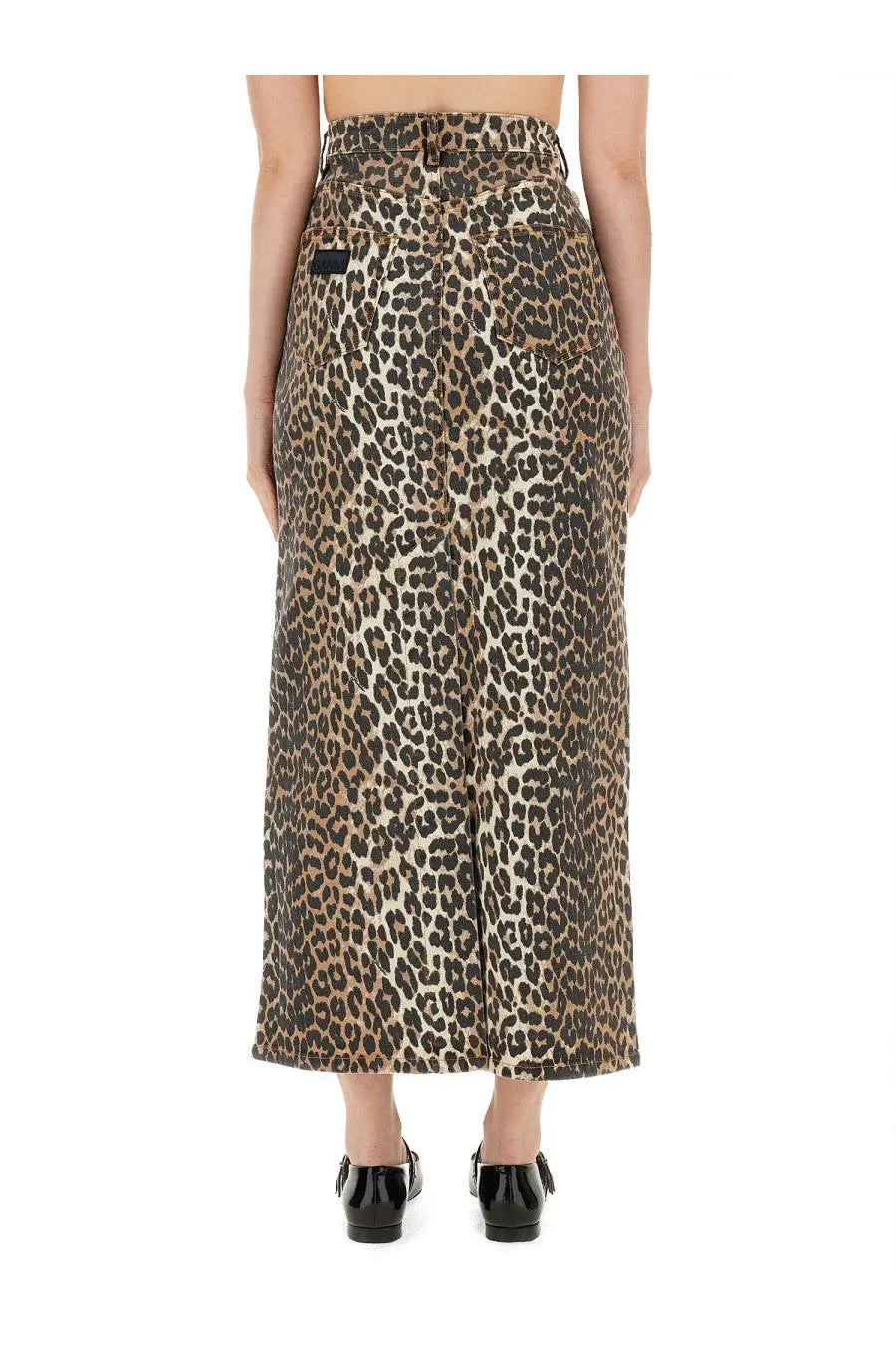 Ganni women’s high-waisted wide-leg denim skirt with leopard print pattern in casual style