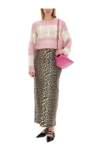 Pink and white striped knit sweater with chunky textured yarn featured in Ganni women’s skirt pattern product image