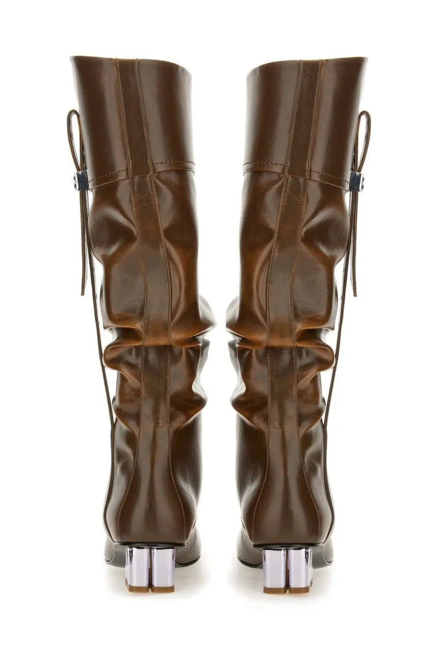 Ganni women’s slouchy boot butterfly black brown leather with glossy finish crinkled upper and chrome block heels