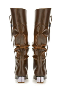 Ganni women’s slouchy boot butterfly black brown leather with glossy finish crinkled upper and chrome block heels