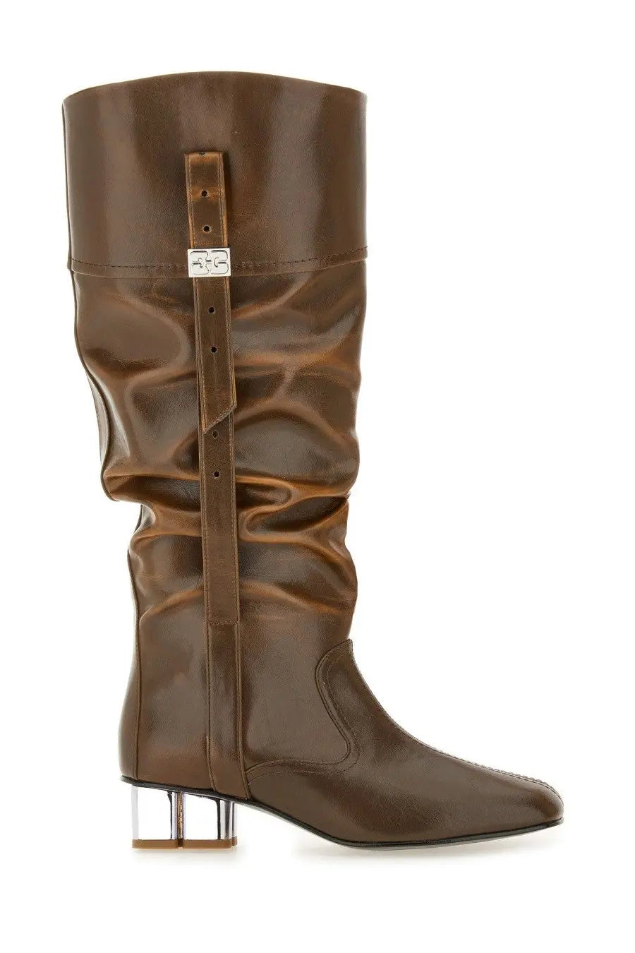 Brown leather knee-high boot with metallic silver buckle and chunky chrome block heel by Ganni womens slouchy boot butterfly black