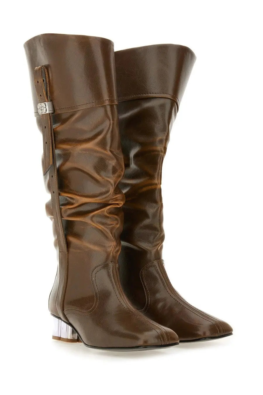 Ganni women’s slouchy boot butterfly black in brown patent leather with glossy finish and transparent block heels