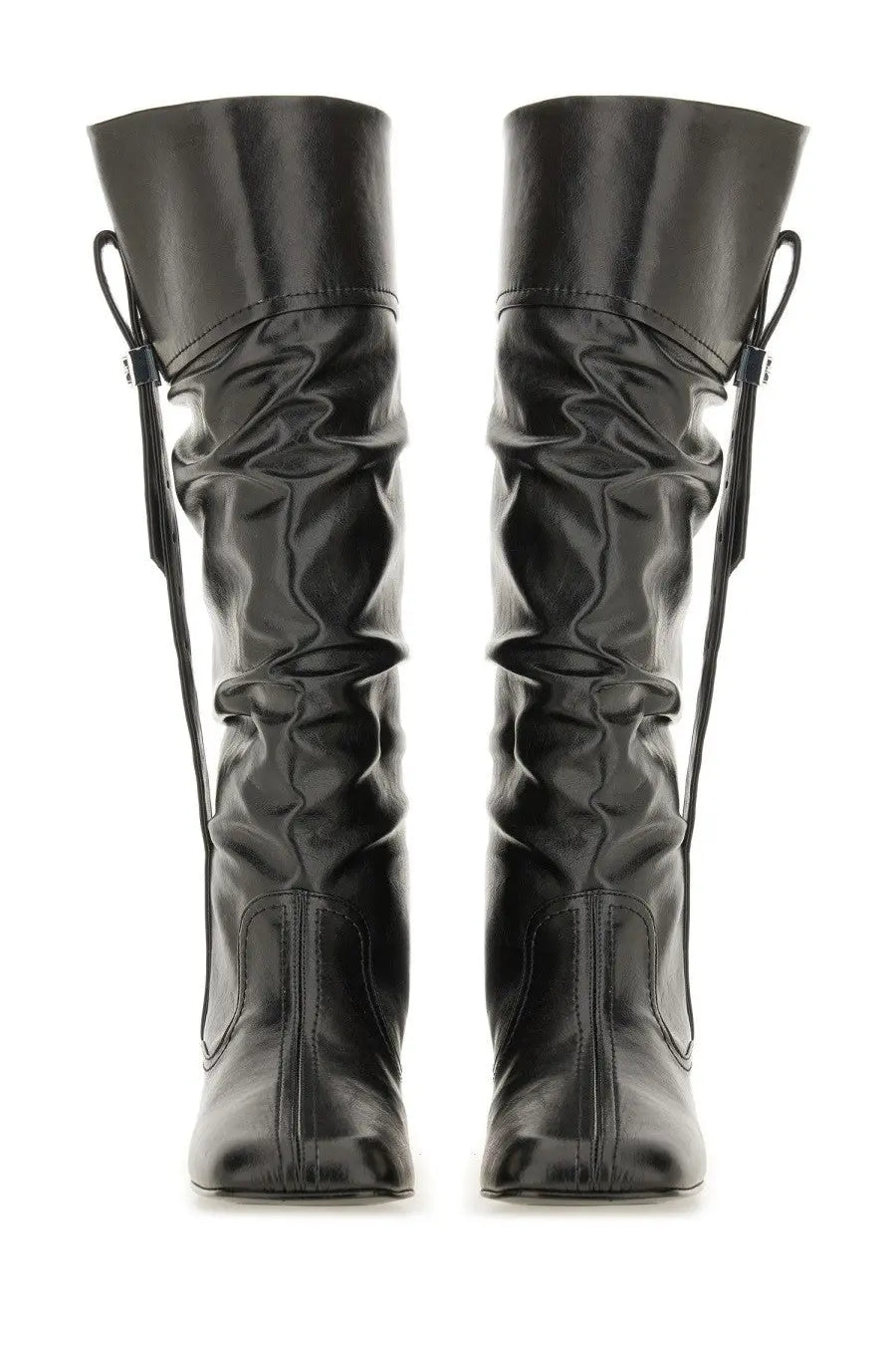 Ganni women’s slouchy knee-high boots in black glossy leather with ruched design and adjustable side laces