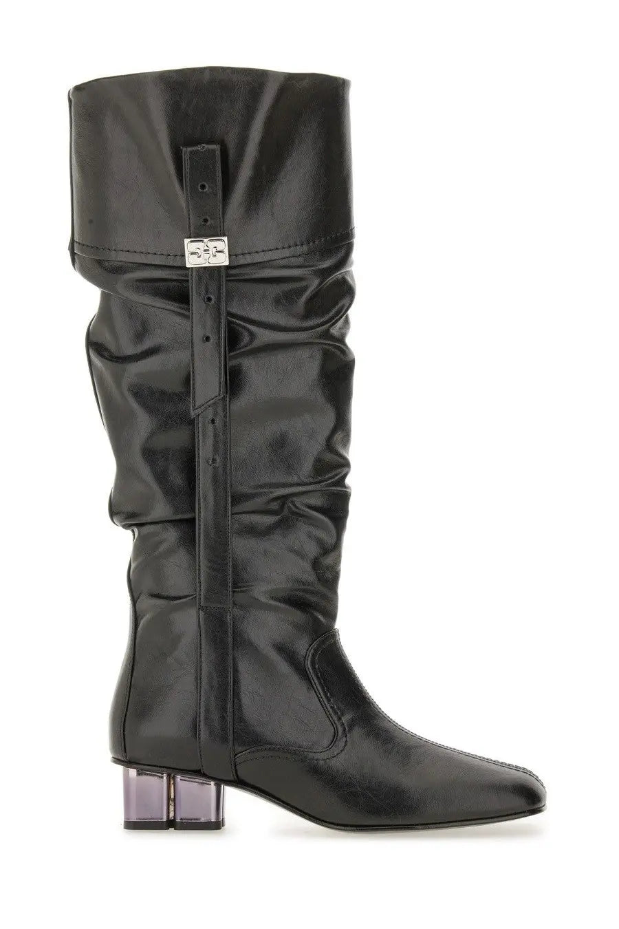 Ganni women’s slouchy black leather knee-high boot with glossy finish silver buckle and translucent block heel