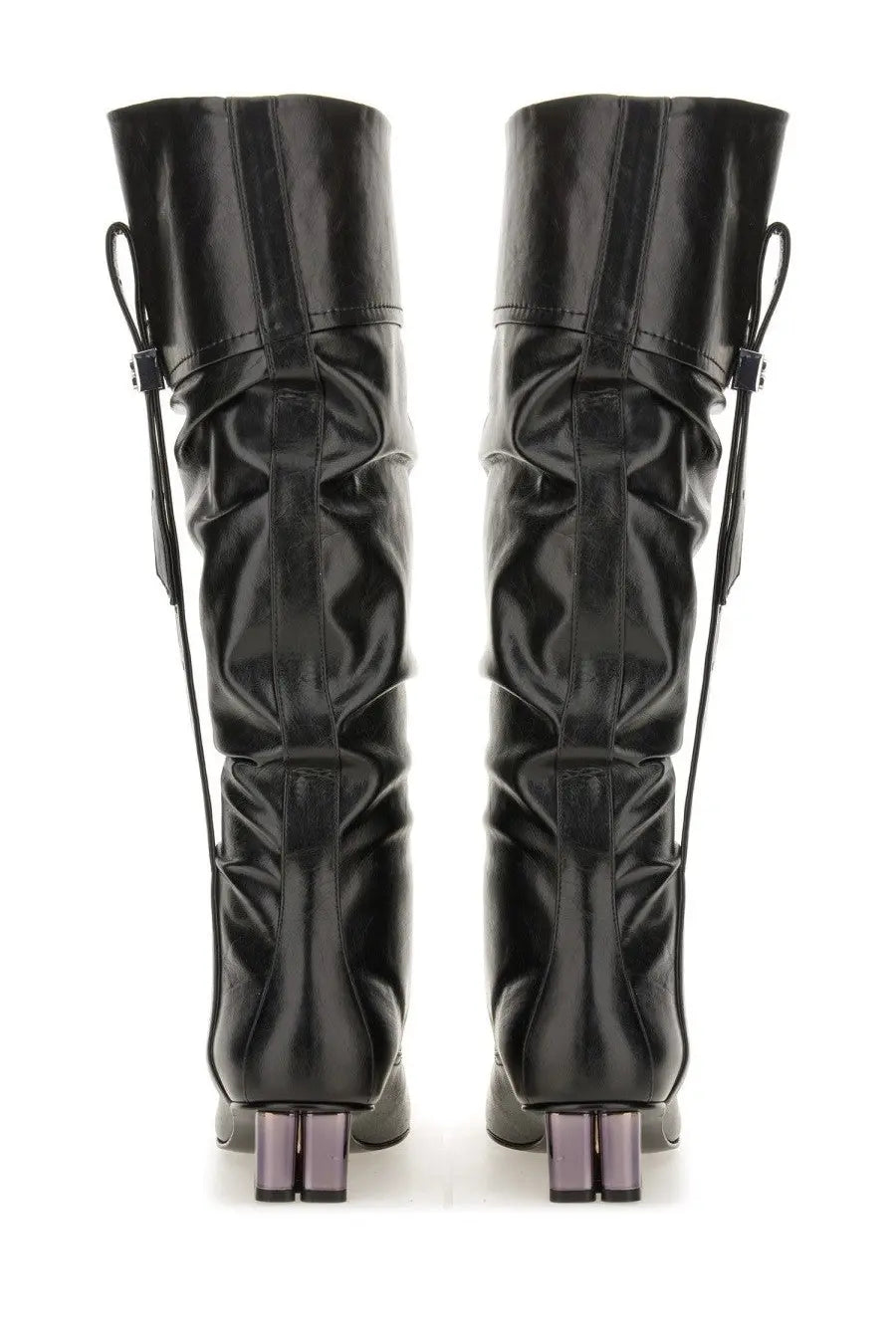 Ganni women’s slouchy knee-high boots in black patent leather with crinkled texture and metallic purple block heels