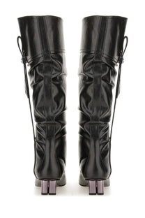 Ganni women’s slouchy knee-high boots in black patent leather with crinkled texture and metallic purple block heels