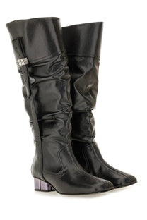 Ganni women’s slouchy black patent leather knee-high boots with silver buckle and translucent purple block heel