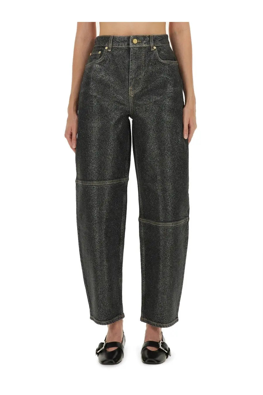 Dark gray denim jeans with subtle glittery texture high-rise wide-leg cut ganni women’s stary jeans sparkling foil black