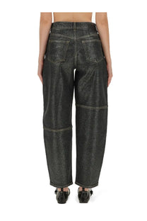 Ganni women’s stary jeans in sparkling foil black dark gray textured denim with wide-leg cut and visible stitching
