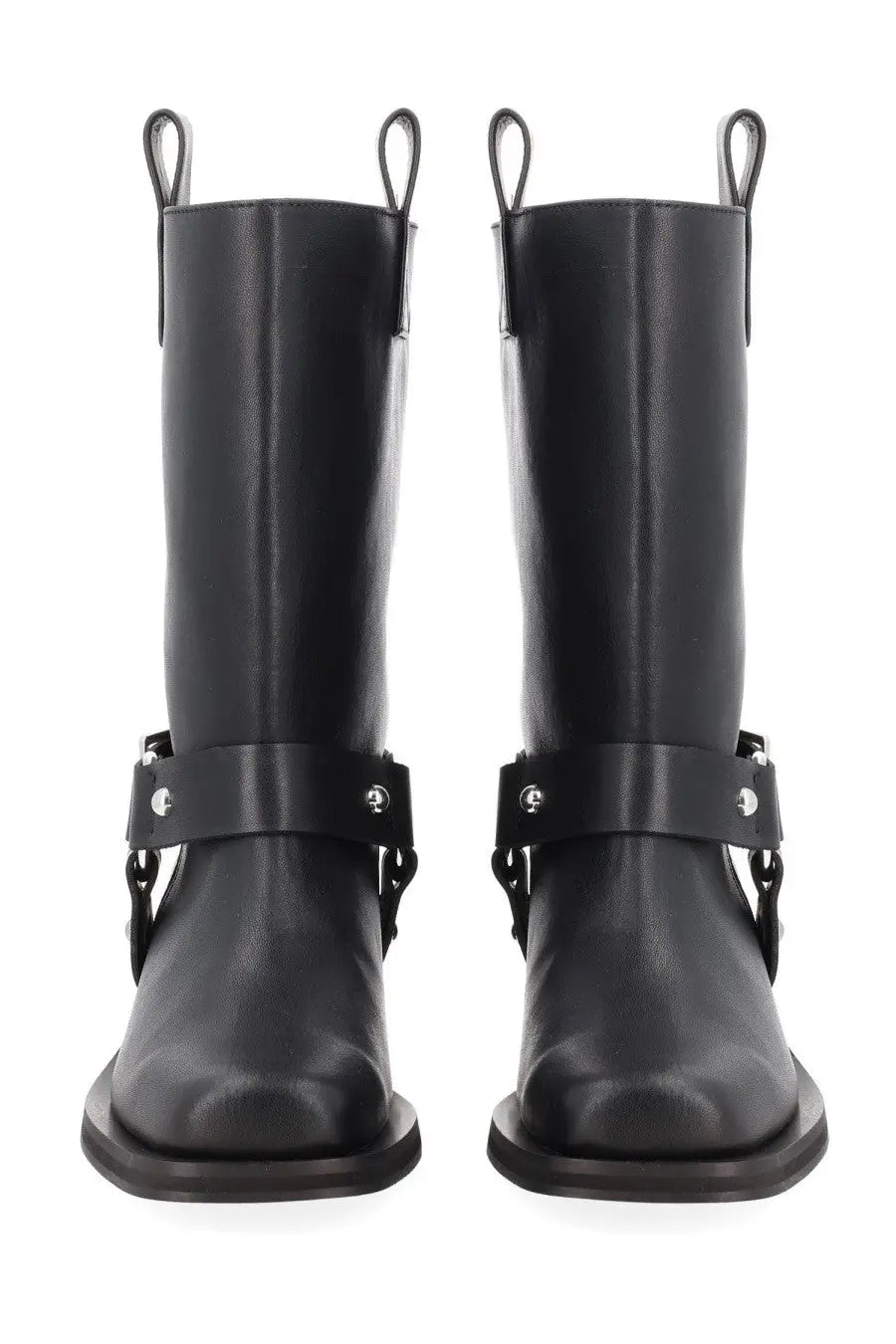 Ganni women’s stivale biker black leather boots with silver buckle straps and pull loops at the top