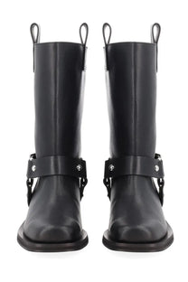 Ganni women’s stivale biker black leather boots with silver buckle straps and pull loops at the top
