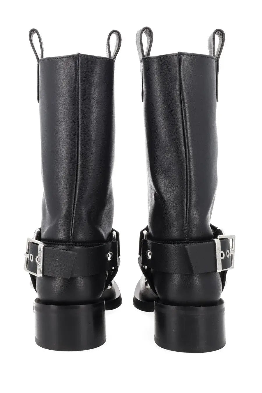 Ganni women’s stivale biker black leather boots with silver-toned buckle straps and pull loops at the top