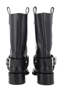 Ganni women’s stivale biker black leather boots with silver-toned buckle straps and pull loops at the top