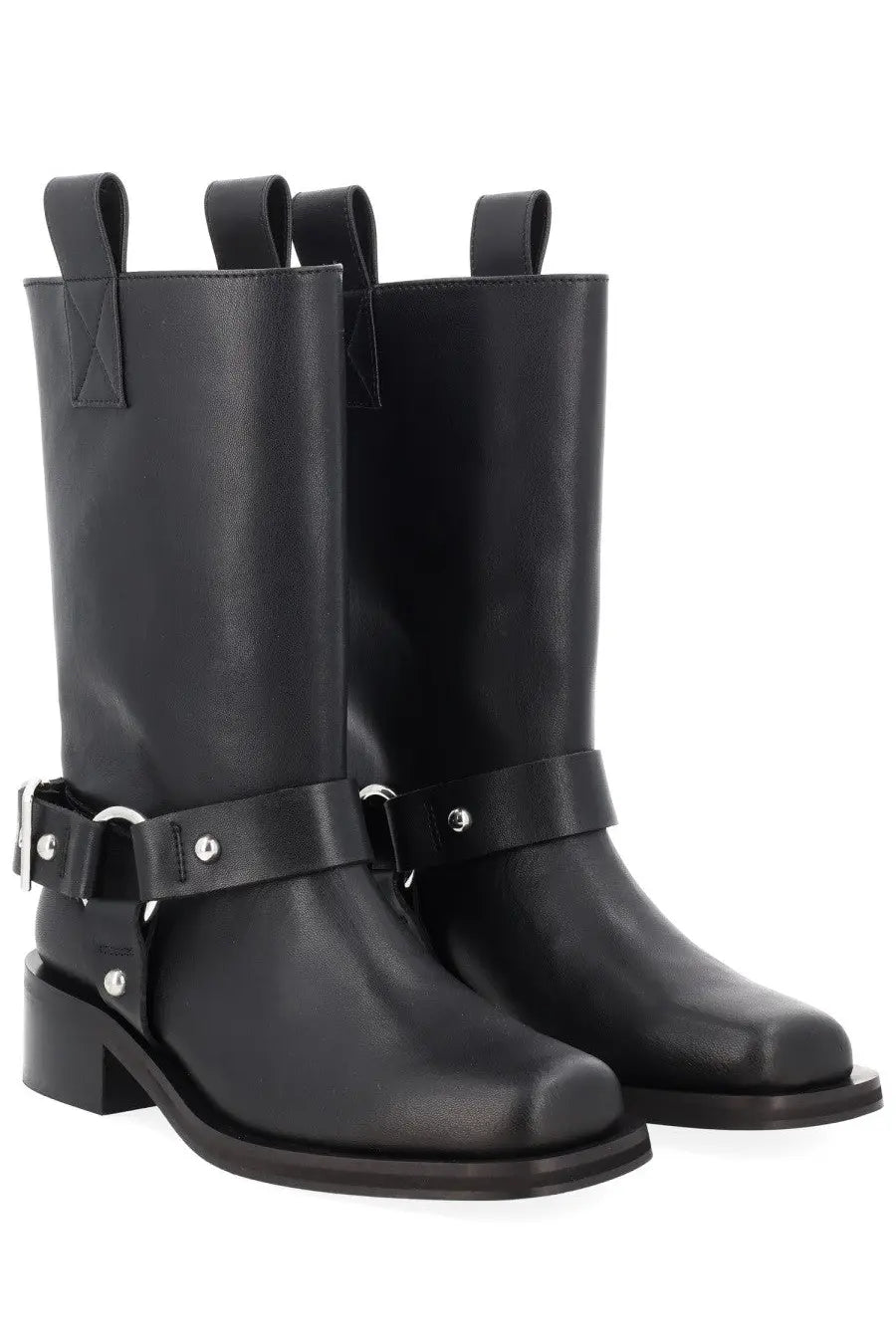 Ganni women’s stivale biker black leather boots with silver-toned buckles and studs in a front view