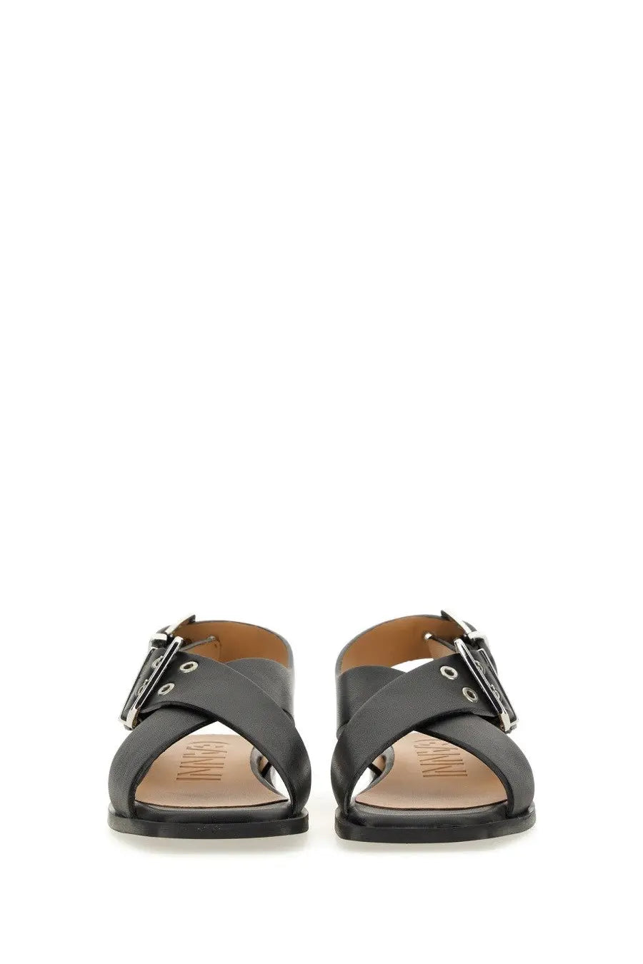 Ganni women’s black leather sandals with cross-strap design and silver-toned buckle accents