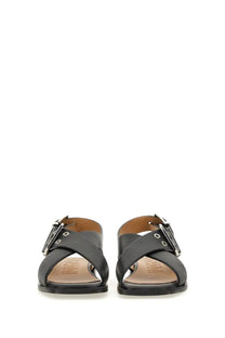 Ganni women’s black leather sandals with cross-strap design and silver-toned buckle accents