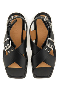 Ganni women’s studded sandal black leather with silver buckle straps and square toe design