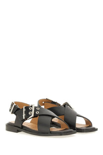 Ganni women’s studded black leather sandals with silver tone buckle straps and low profile sole