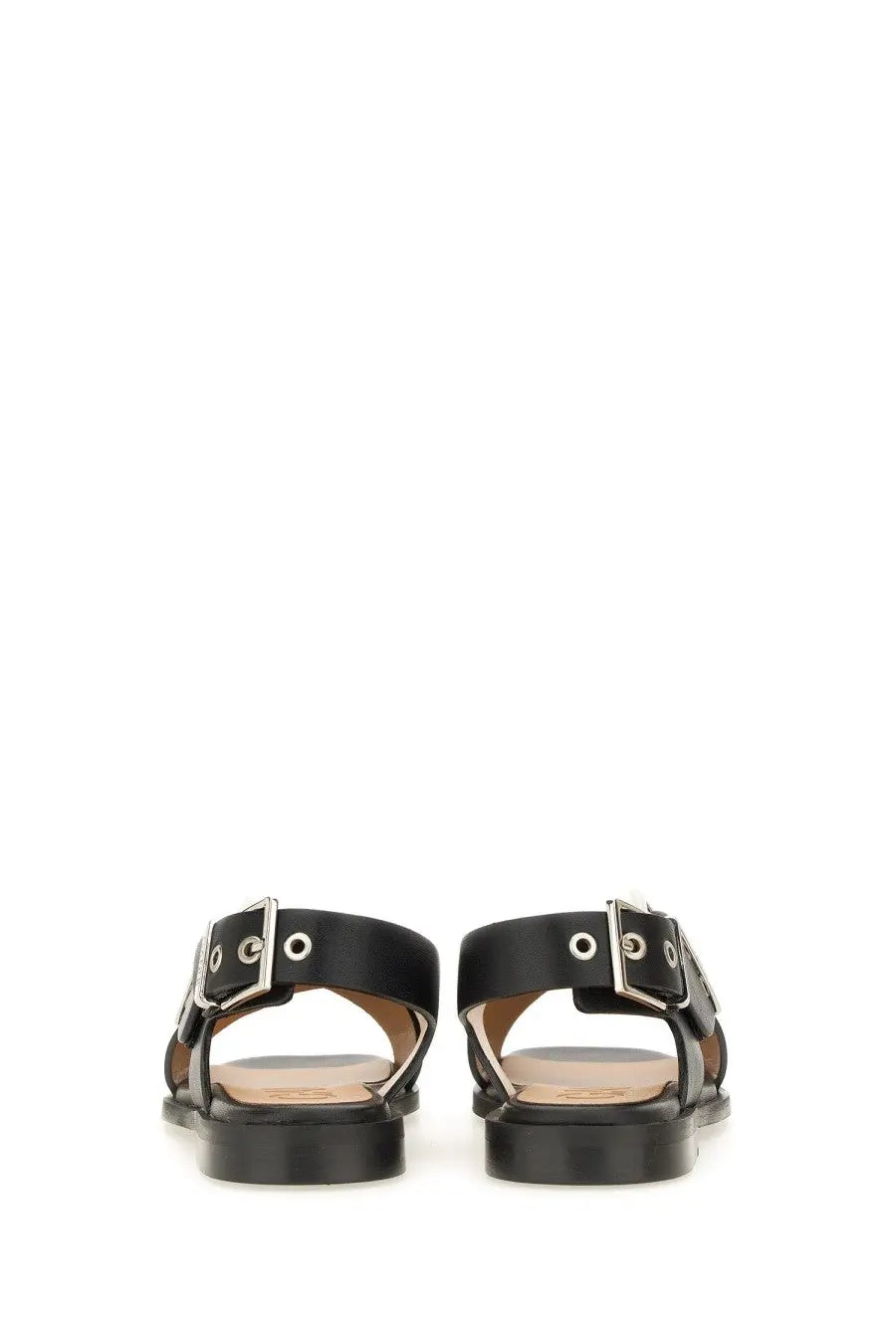 Ganni women’s black leather sandals with silver toned buckle details and studded accents front view