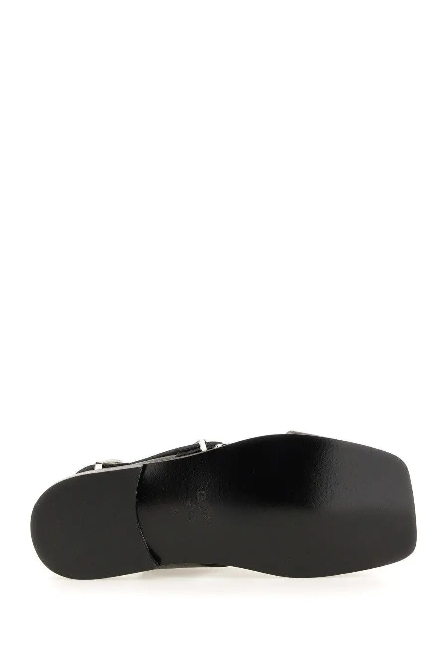 Ganni women’s black leather sandal with square heel and silver buckle detail