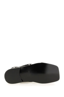 Ganni women’s black leather sandal with square heel and silver buckle detail
