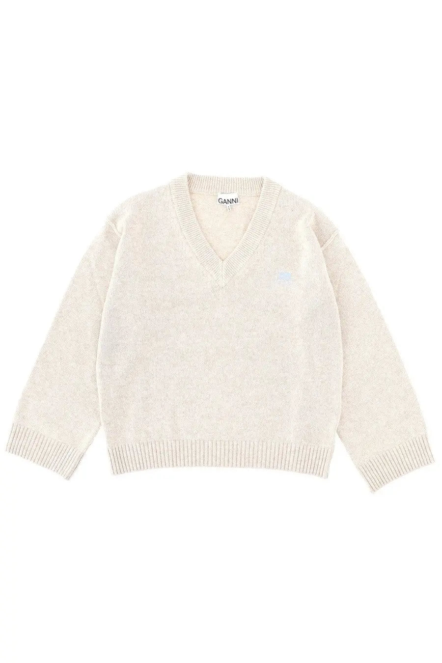 Cream-colored Ganni women’s V-neck sweater with subtle textured knit and ribbed cuffs in beige