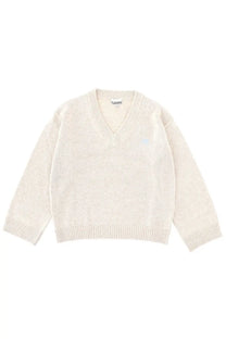 Cream-colored Ganni women’s V-neck sweater with subtle textured knit and ribbed cuffs in beige