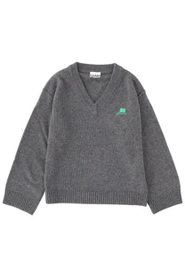 Gray ganni women’s v-neck sweater with a small green embroidered logo on the left chest in soft knit fabric