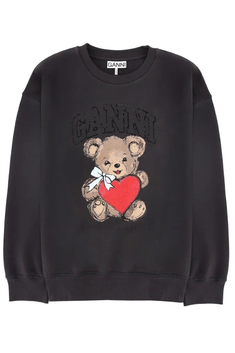 Ganni women’s grey sweatshirt with a beige teddy bear holding a red heart outlined in sparkling embellishments