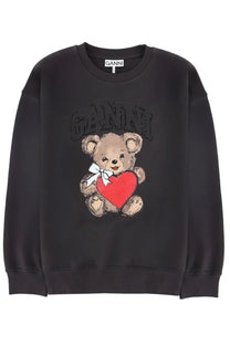Ganni women’s grey sweatshirt with a beige teddy bear holding a red heart outlined in sparkling embellishments