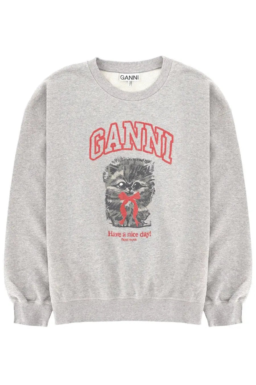 Gray ganni women’s sweatshirt in cotton featuring a red and black graphic of a kitten with a bow on the front