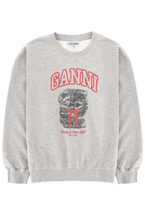 Gray ganni women’s sweatshirt in cotton featuring a red and black graphic of a kitten with a bow on the front
