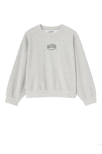 A soft heather gray ganni women’s sweatshirt with a classic crew neck and long sleeves in cotton blend